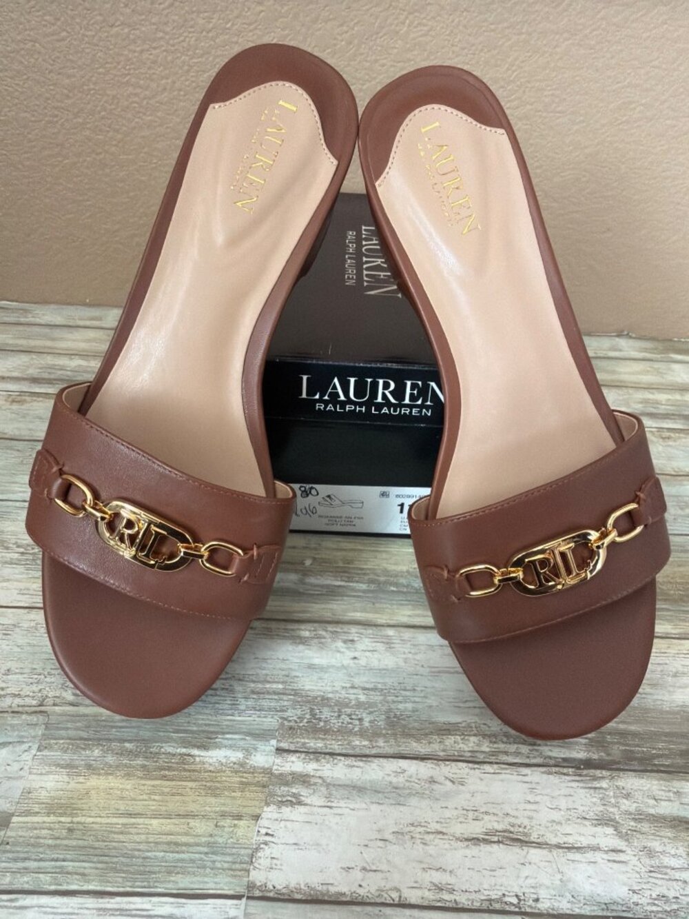 Ralph Lauren Brown Leather Platform Slip-On Sandals with Gold Chain (Slim Fit)